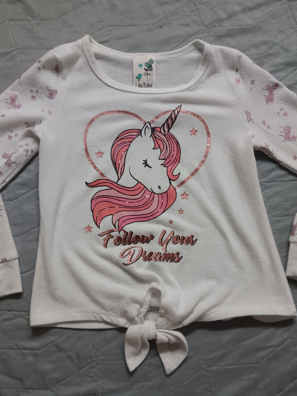 Girls Size 6 Lily Bleu White Unicorn Tie-Front Top with Pink Accents